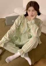 实拍韩版长袖秋ins格子舒适可爱甜美睡衣家居服套装可外穿