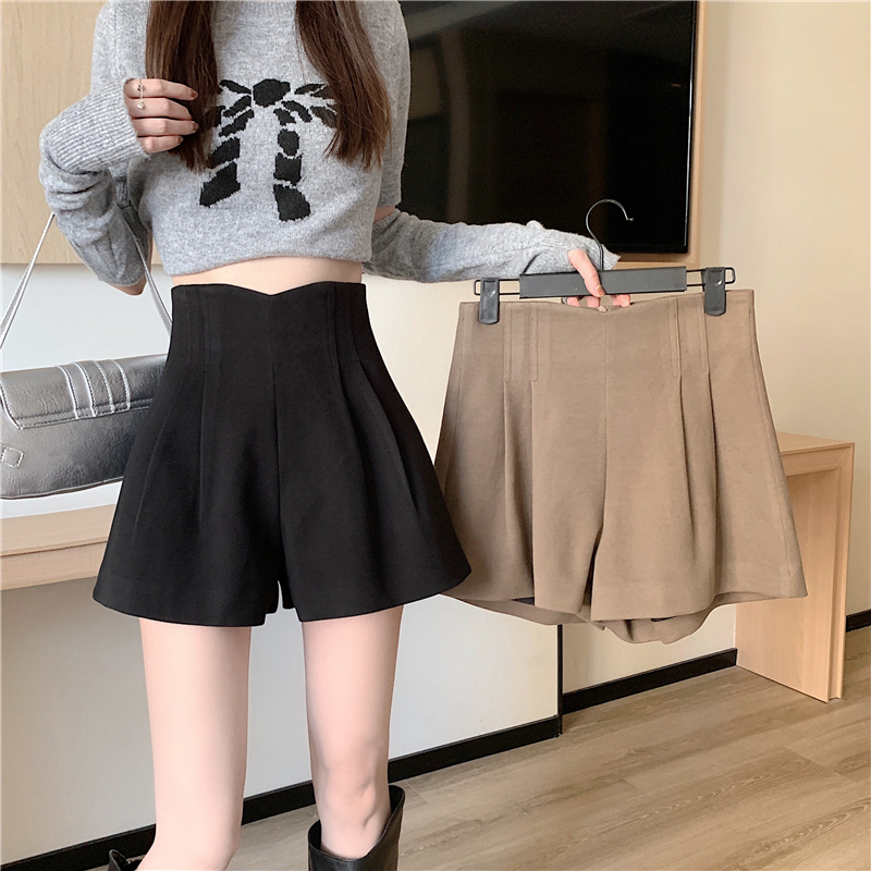 PF27683#毛呢短裤女秋季外穿小个子高腰阔腿裤新款显瘦打底靴裤子女裝貨源服裝批發