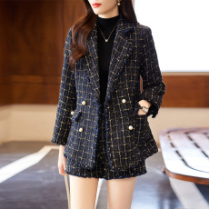 批发黑色粗花呢西装套装女秋<b class='q'>冬</b>新款气质女神范小香风休闲西服短裤套装