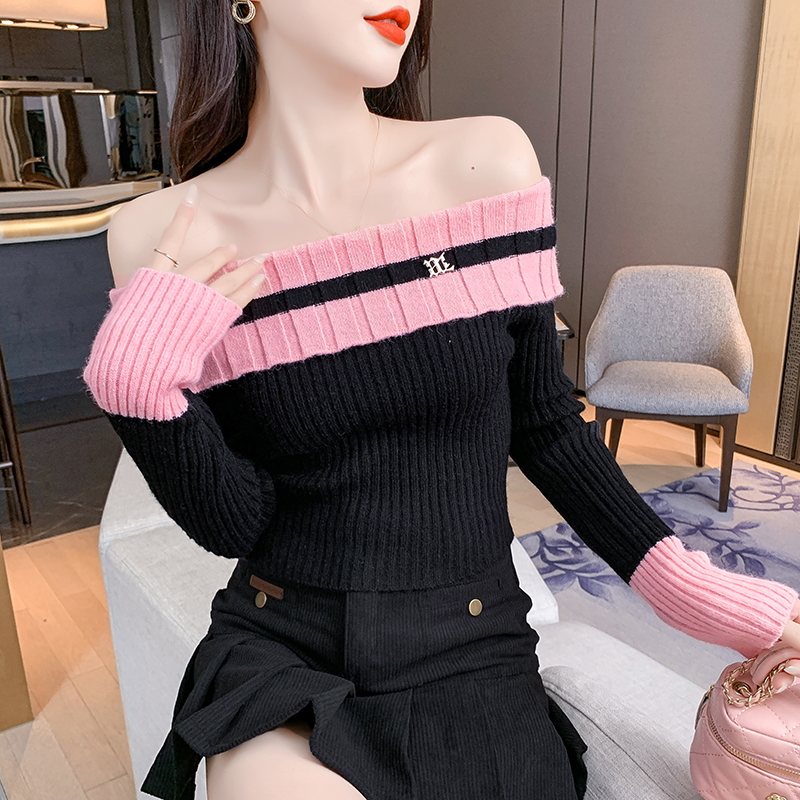 MY16652# 长袖毛衣修身一字领露肩性感修身韩版简约百搭甜美女装新款女...