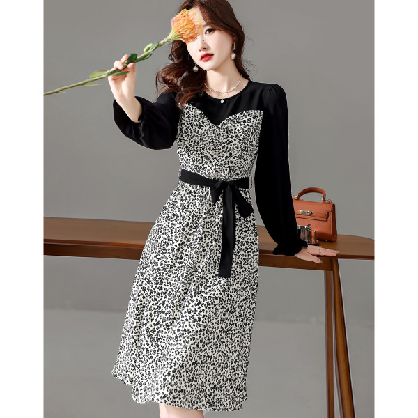 RM23753#新款秋季宽松裙子长袖韩版拼接系带连衣裙