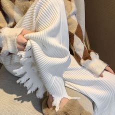 批发2026春秋新款流苏微喇裤软糯针织裤高腰抽绳松紧腰拖地马蹄裤子女