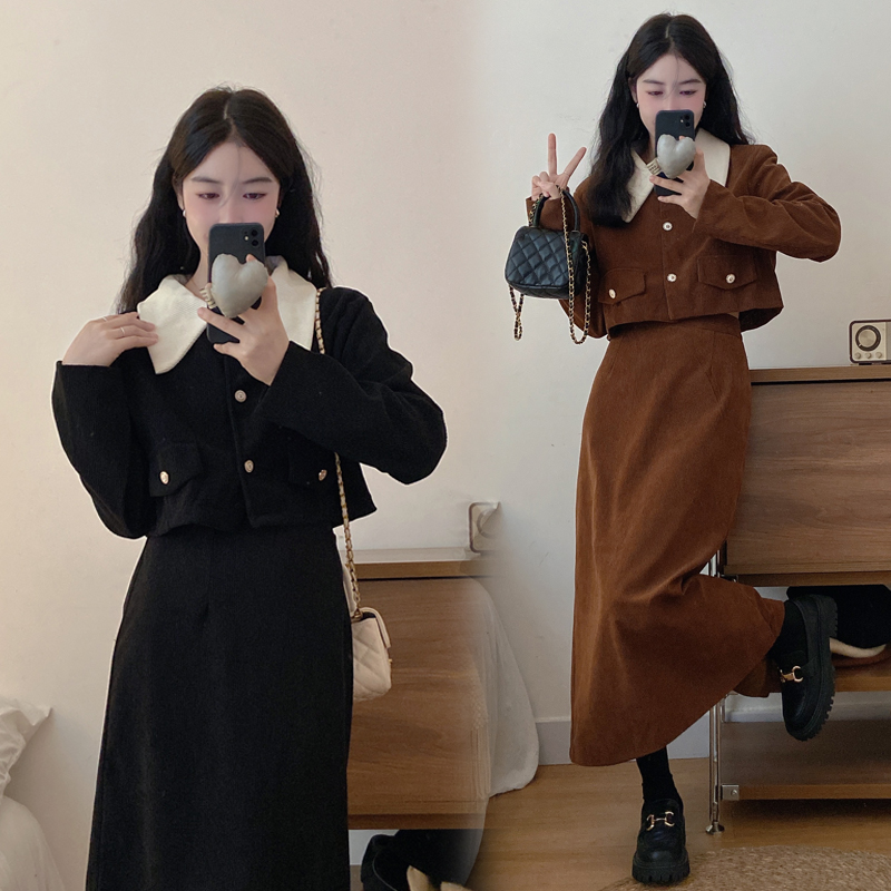 실사 코듀로이 투피스 세트 가을 겨울 새로운 빅 사이즈 지방 mm 작은 샤넬 스타일 재킷 반신 롱 스커트 세트