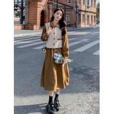 批发今年流行连衣裙套装女春2023新款韩版长袖轻熟风马甲衬衫裙两件套