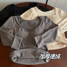 批发实拍实价保暖内衣女胸垫一体无痕德绒发热加绒加厚打底衫长袖上衣