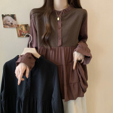 批发实拍大码女装春装宽松遮肉显瘦减龄百褶新款欧小众木耳领系带衬衫