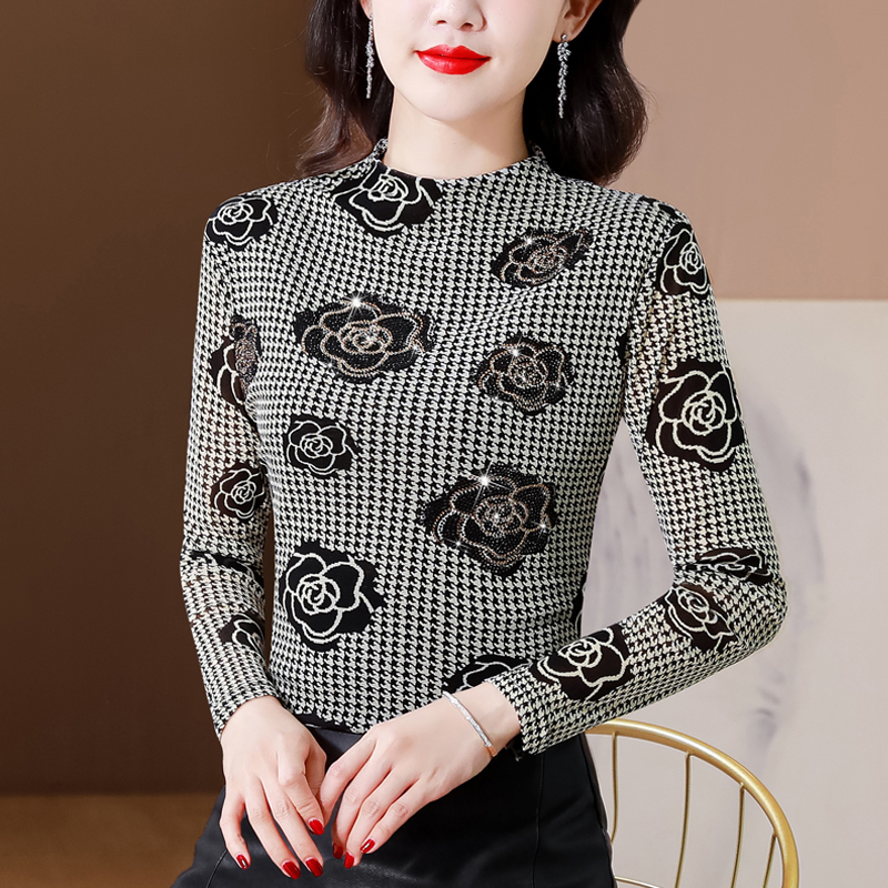 MY12896# 新款千鸟格打底衫别致漂亮小衫时尚网纱印花烫钻上衣女裝貨源...