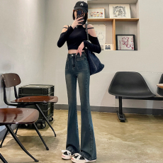 大码复古微喇牛仔裤女秋装2023年新款显瘦高腰小个子马蹄喇叭裤子