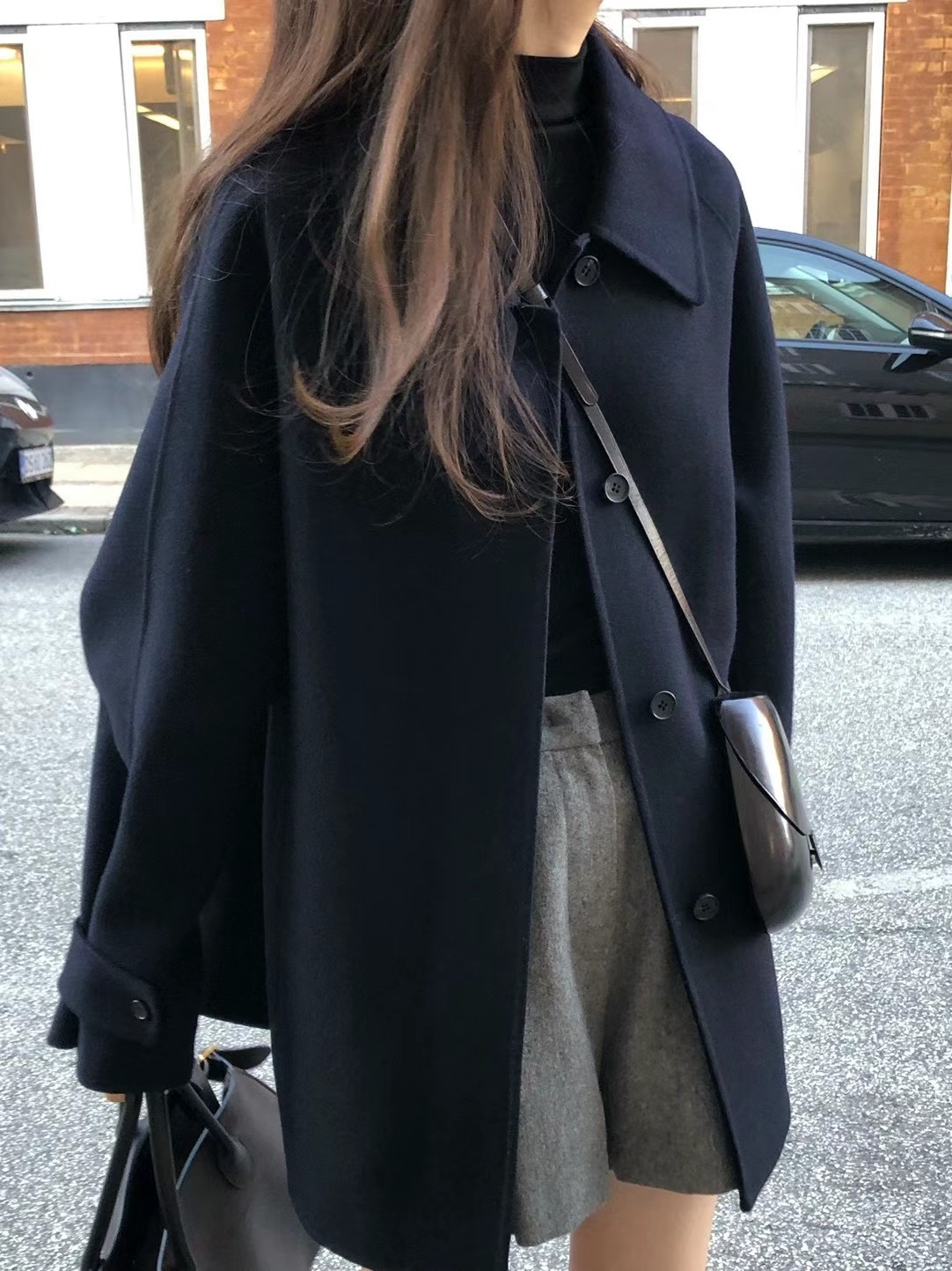 Giacca monopetto in lana di media lunghezza con risvolto alla francese, stile INS blogger, taglia aggiornata_voghion.com