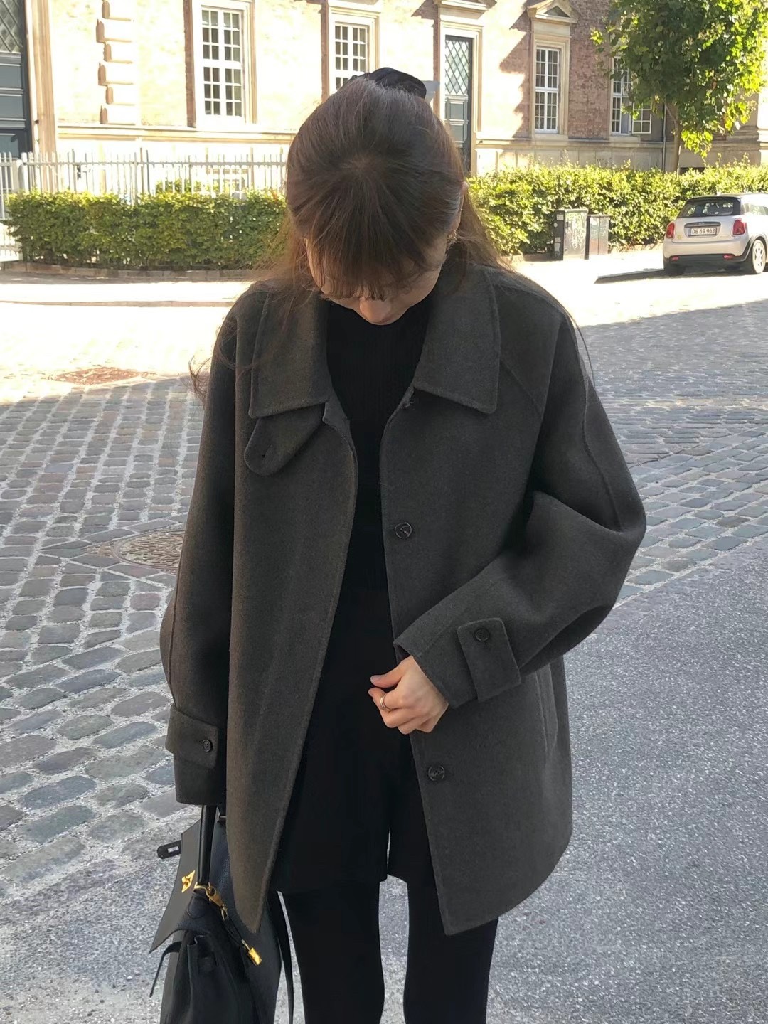 Giacca monopetto in lana di media lunghezza con risvolto alla francese, stile INS blogger, taglia aggiornata_voghion.com