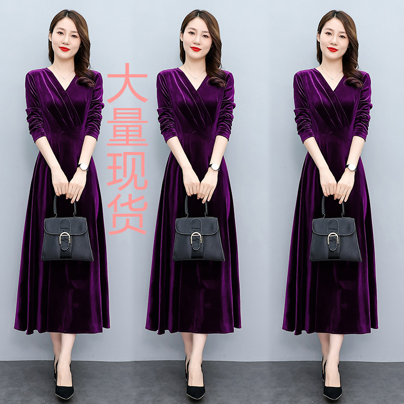 MY13329# 长裙女新款高贵气质中长款打底金丝绒连衣裙女裝貨源服裝批發