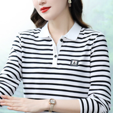 批发长袖t恤女纯棉有翻领条纹<b class='q'>春</b>秋装新款中年妈妈上衣带领女士打底衫