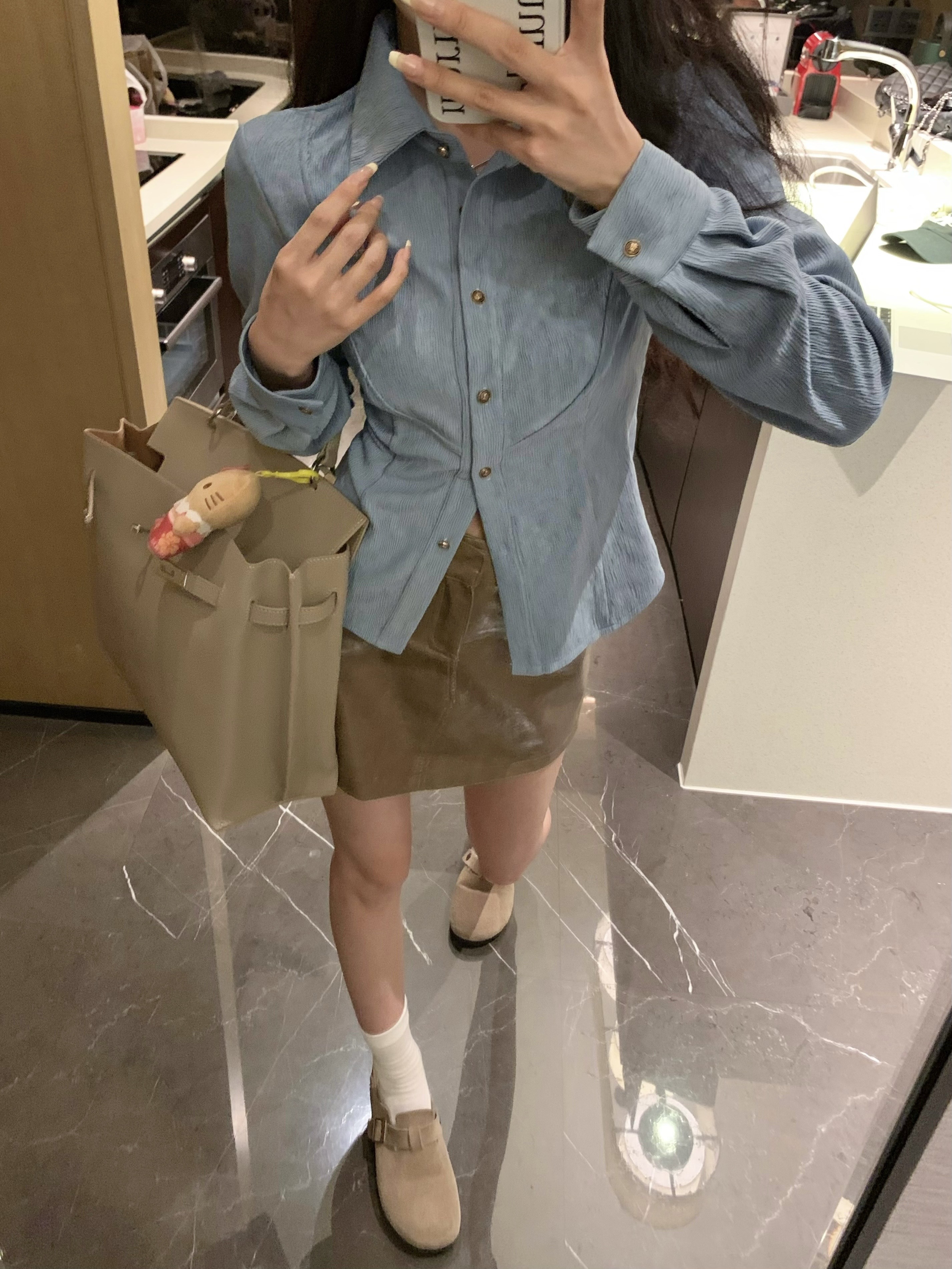 實拍 開春新款修身顯瘦藍色Polo領長袖襯衫開衫