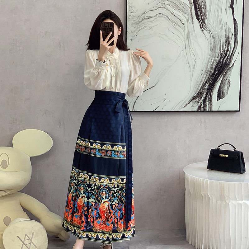 RM25702#新中式国潮美人图印花一片式高腰系带马面裙套装