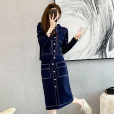 批发实拍气质时尚休闲套装裙女2023秋冬季中长款包臀针织两件套装裙子