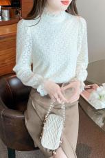 半高领蕾丝打底衫女洋气内搭秋装2023新款百搭时尚灯笼长袖上衣服
