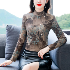 实拍#2023秋季新款时尚半高领洋气烫钻花色百搭显瘦气质打底上衣