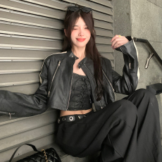 2023春秋新款韩版立领复古做旧撞色宽松短款皮衣辣妹皮夹克外套女