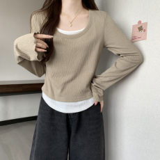 我是你的cc阿 早秋换装~假两件长袖T恤秋季显瘦上衣设计感小众女