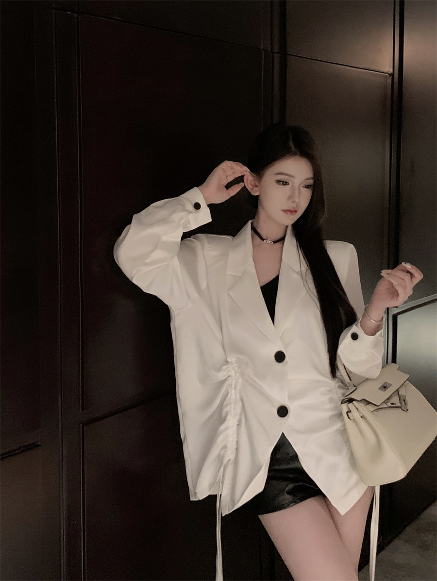 Actual shot of Royal Sister style drawstring design fashionable and versatile satin blazer for women
