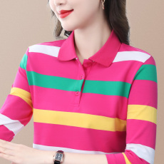 批发妈妈长袖t恤女纯棉有翻领横条纹polo衫<b class='q'>春</b>秋装新款打底衫洋气上衣