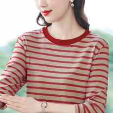 批发纯棉长袖T恤女秋季新款大码宽松显瘦条纹<b class='q'>打底衫</b>中年<b class='q'>妈妈</b>装秋上衣