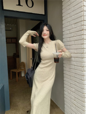 实拍实价 慵懒风短袖袖套针织连衣裙泡泡袖长款打底衫连衣裙
