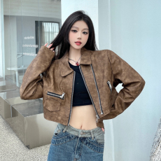 美式复古机车美拉德风做旧擦色皮衣美式斜拉链夹克短款外套女秋