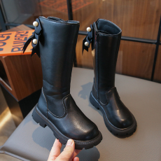 批发儿童马丁靴侧拉链23秋冬款女童洋气蝴蝶结高筒皮靴长靴中大童单靴