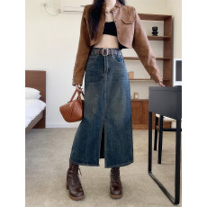 批发送皮带~高腰开叉牛仔半身裙女2025<b class='q'>春</b>秋新款显瘦a字半裙包臀长裙