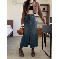 批发送皮带~高腰开叉牛仔半身裙女2025<b class='q'>春</b>季新款显瘦a字半裙包臀长裙