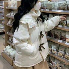羽绒棉服加厚奶白色蝴蝶结羽绒服女设计感短款小个子学院风外套