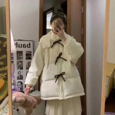 羽绒棉服加厚奶白色蝴蝶结羽绒服女设计感短款小个子学院风外套