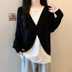实拍 胖妹妹大码女装秋冬装撞色毛衣假两件设计感宽松针织衫上衣