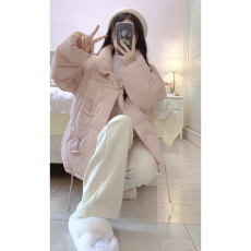 实拍牛角扣2023冬季新款女短款羽绒棉服立领宽松小个子面包服外套