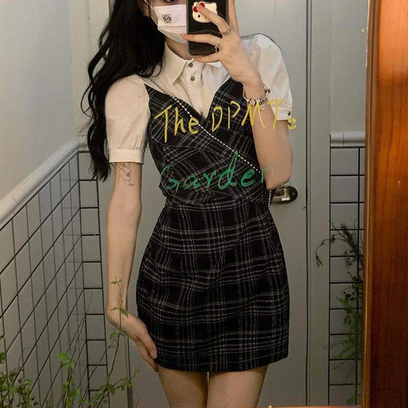 MY2401# 格子学院设计感辣妹假两件衬衫拼接裙收腰泡泡袖a字短裙女裝貨源服裝批發