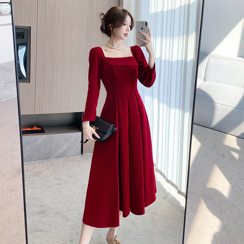 PF19432#酒红色丝绒敬酒服新娘回门礼服平时可穿订婚小礼服女裝貨源服裝批發