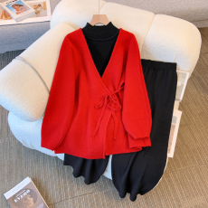 批发实拍2025秋冬新款大码女装胖mm针织打底<b class='q'>开衫</b>毛衣外套阔腿裤三件套