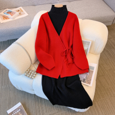 批发实拍2025秋冬新款<b class='q'>大码</b><b class='q'>女装</b>微胖mm开衫毛衣外套针织连衣裙子两件套