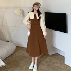 批发#350官图灯芯绒大码法式<b class='q'>娃娃</b>领<b class='q'>连衣裙</b>女假两件胖mm收腰显瘦复古裙