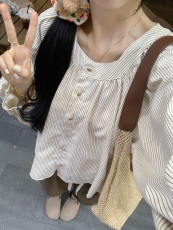 实拍实价~2023秋季新款套装女简约休闲条纹衬衣女+休闲裤子女