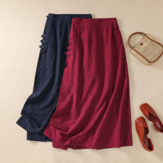 批发2026新款实拍春复古棉麻提花盘扣修身显瘦气质包臀半身裙