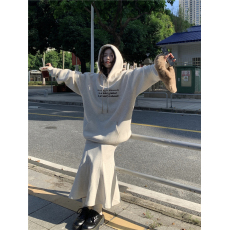 批发实拍实价~美式复古宽松套头长袖连帽<b class='q'>卫衣</b>女+复古气质鱼尾裙套装