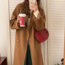 批发秋冬季新款韩国东大门大衣<b class='q'>女</b>中长款过膝赫本风高级感驼色<b class='q'>毛呢外套</b>