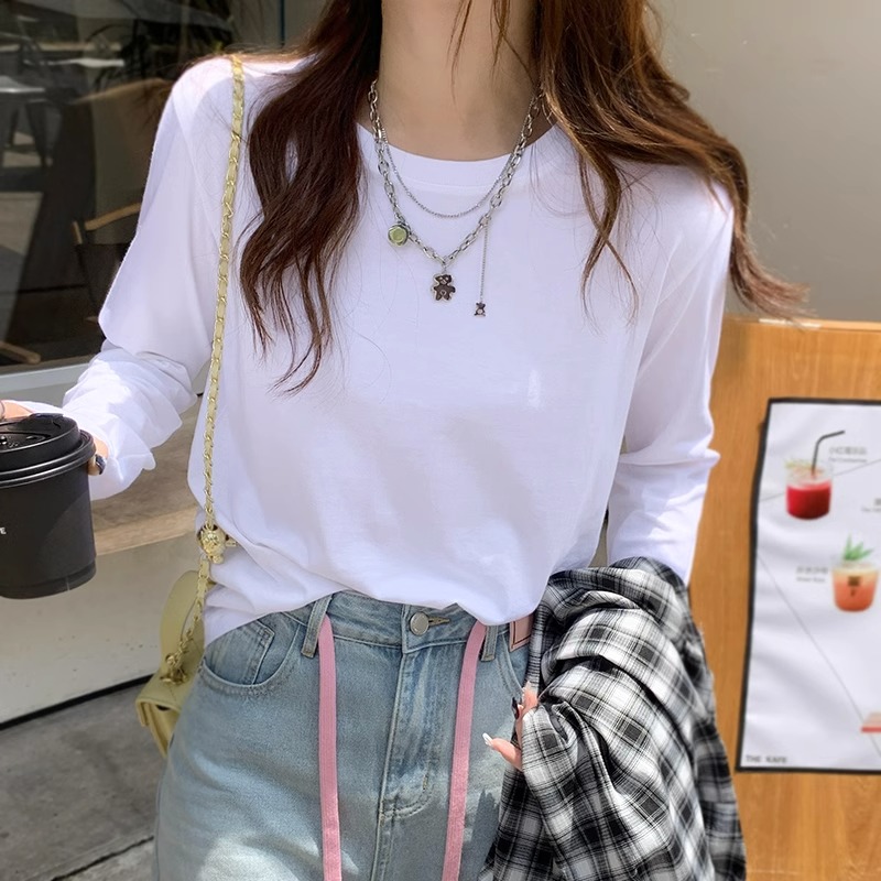 순면 기본 셔츠 여성 단색 기초 섹션 다용도 긴팔 티셔츠 가을 겨울 한국 스타일 루즈핏 긍정적 인 어깨 인사이드 잡아라. 옷