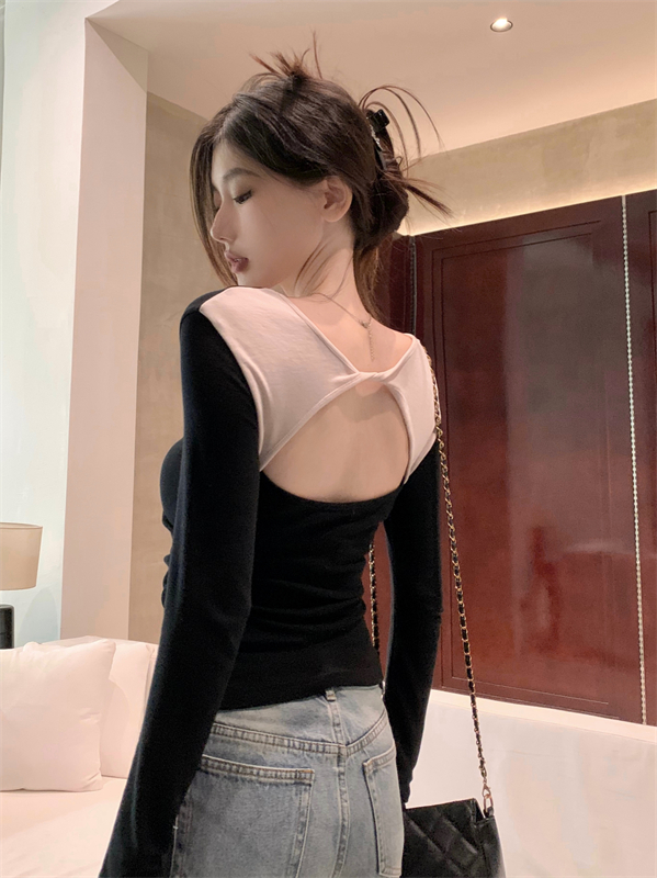 Actual shot of 2024 early spring new style stitching design, unique niche backless long-sleeved black bottoming shirt