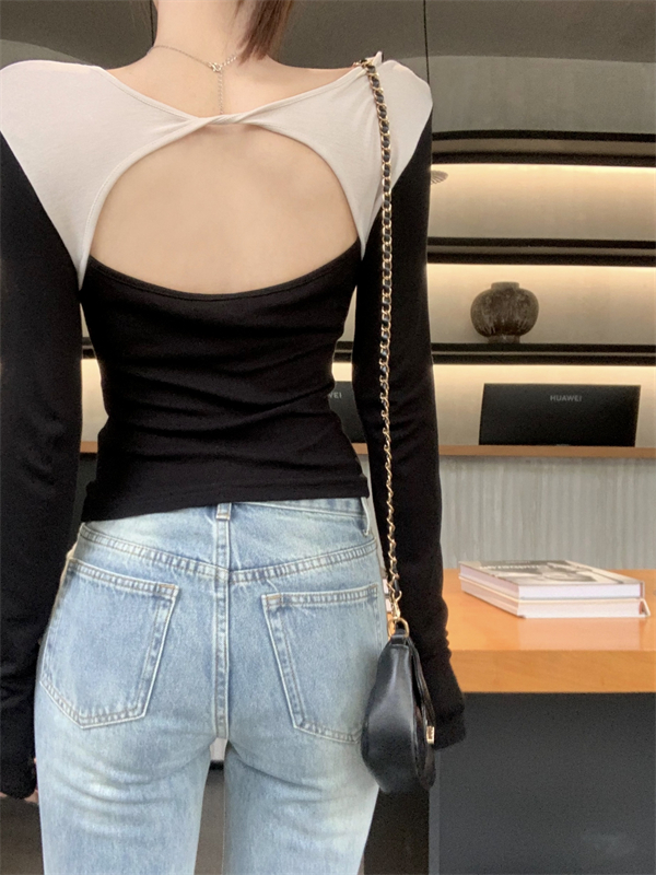 Actual shot of 2024 early spring new style stitching design, unique niche backless long-sleeved black bottoming shirt