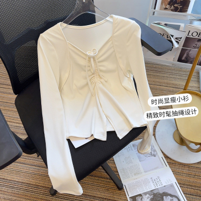 实拍#大码女装长袖T恤女秋季2023年新款设计感小众V领抽绳上衣女