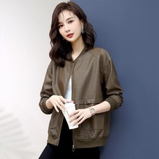 批发<b class='q'>真皮</b><b class='q'>皮衣</b><b class='q'>女</b>短外套2025春秋新款宽松时尚棒球服休闲圆领咖色皮夹克