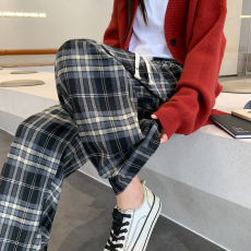 实拍荒荒家抽绳格子休闲裤女秋冬新款复古垂感宽松高腰直筒阔腿裤